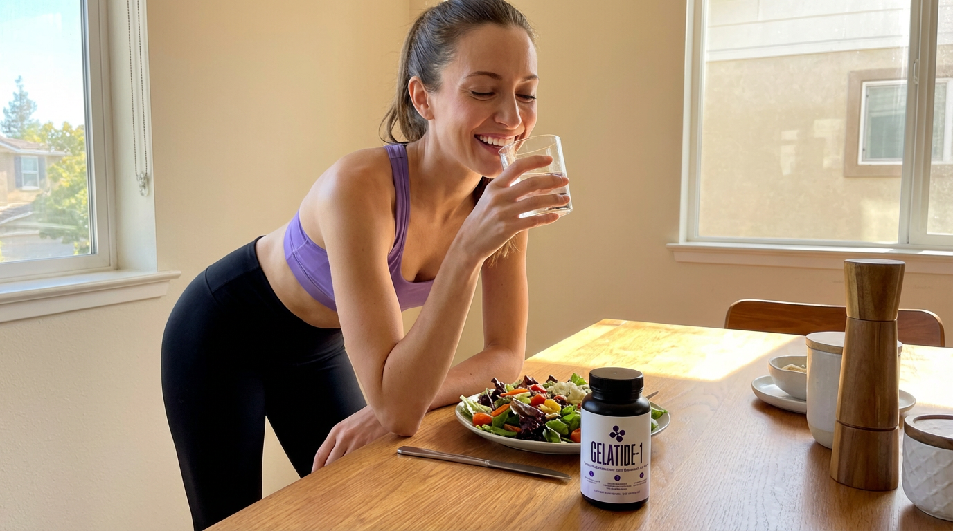 Woman with Gelatide supplement on table, drinking water